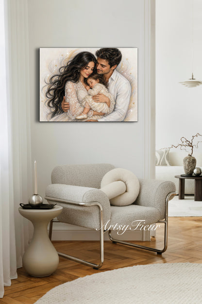 Framed Canvas- Vibrant Mother and Daughter Dad Family Portrait Fantasy Drawing Wall Art Print