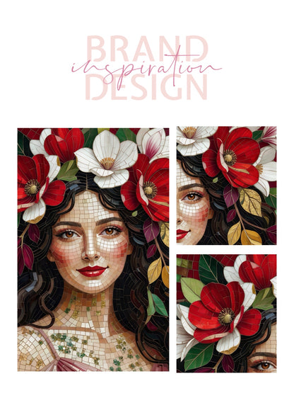 Framed Canvas- Vibrant Magnolia Flowers Beautiful Brunette Woman’s Abstract Portrait Mosaic Original Artwork Fantasy Wall Art Print Mother Nature