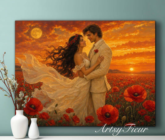 Framed canvas- whimsical full moon sunset bride and groom, wedding, poppy field, vibrant colours living room original artwork, fantasy oil painting wall art print