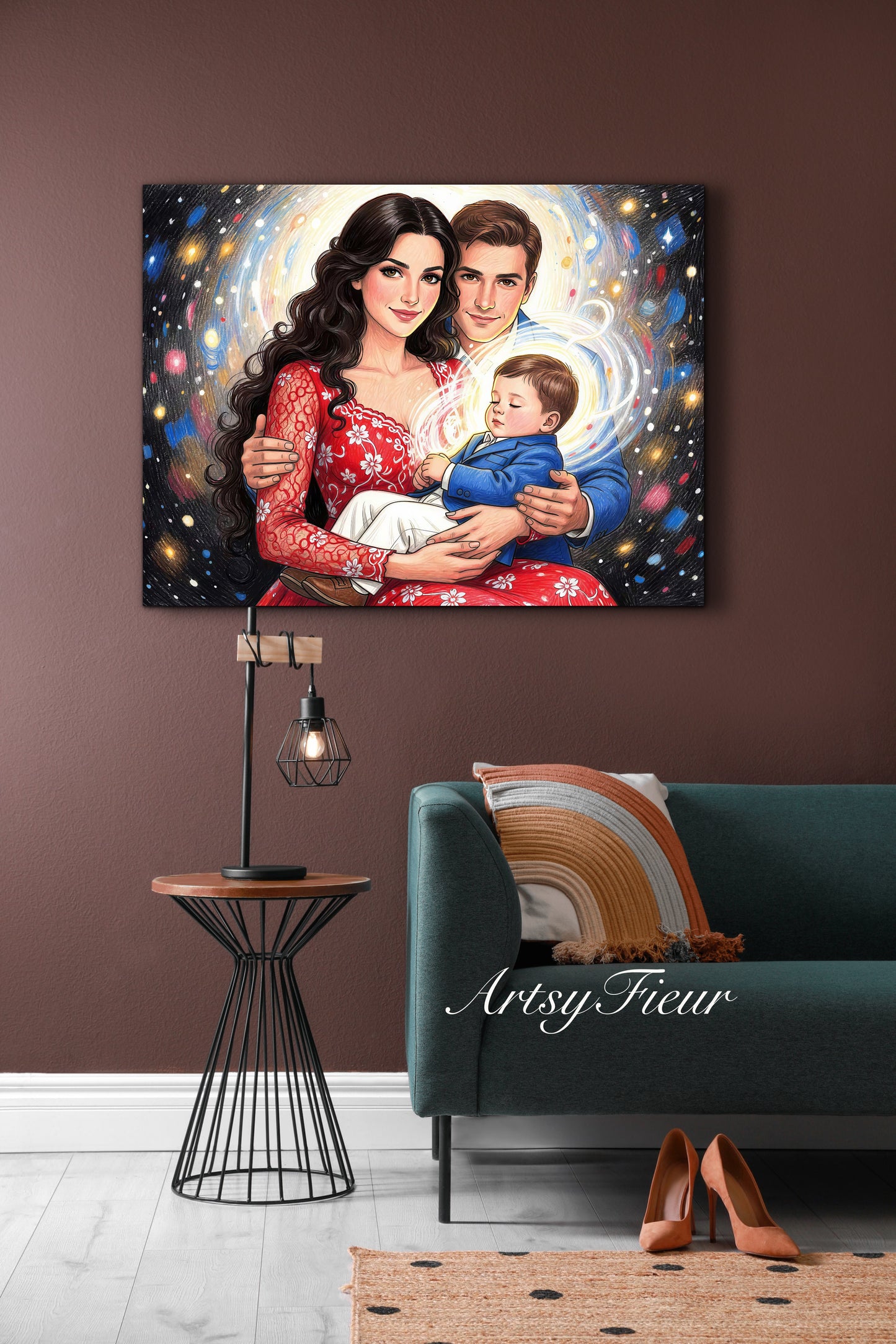 Framed Canvas- Vibrant Mother and Son Dad Family Portrait Fantasy Drawing Wall Art Print