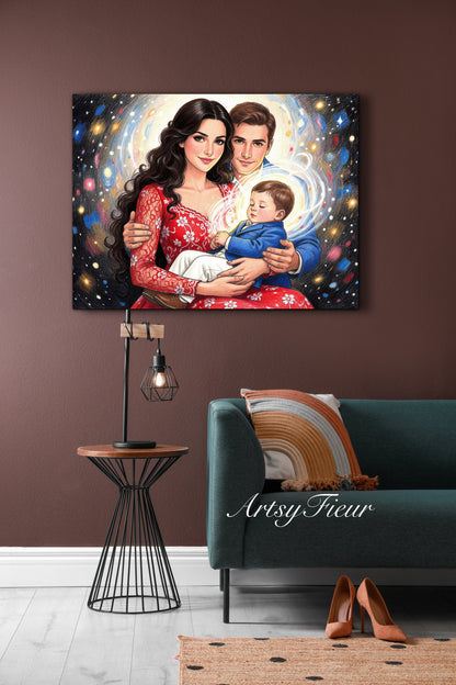Framed Canvas- Vibrant Mother and Son Dad Family Portrait Fantasy Drawing Wall Art Print