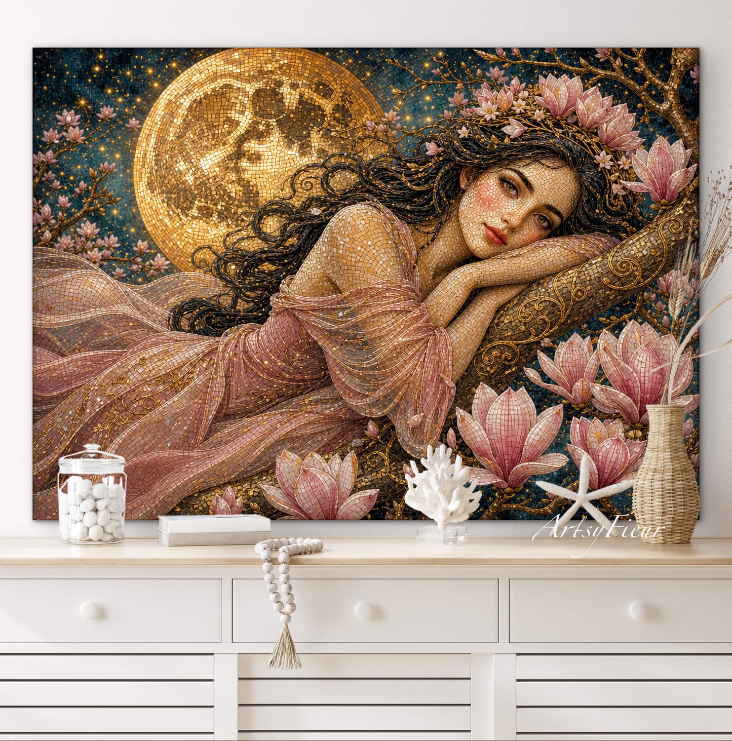 Framed Canvas- Vibrant Magnolia Flowers Beautiful Brunette Woman’s Abstract Portrait Mosaic Original Artwork Fantasy Wall Art Print