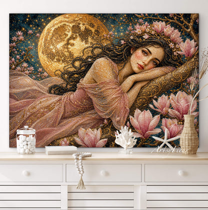Framed Canvas- Vibrant Magnolia Flowers Beautiful Brunette Woman’s Abstract Portrait Mosaic Original Artwork Fantasy Wall Art Print