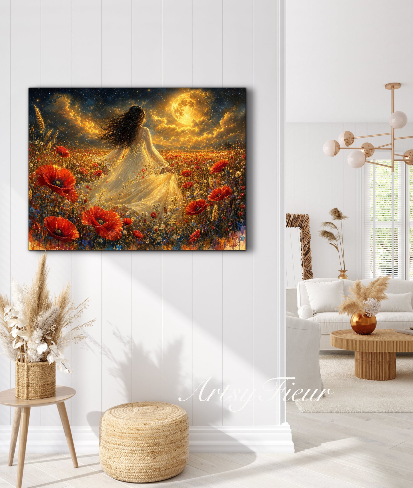Framed Canvas - Vibrant poppies and wildflowers Whimsical Full Moon starry night sky Bride in Poppy Field, Wall Art Ready to hang original Artwork Print