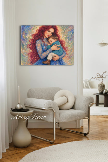 Framed canvas- ready to hang wall art print, vibrant colours crayon drawing abstract portrait mother and son, mother and baby boy, dark hair beautiful red hair woman , mothers day gilt, unique original artwork