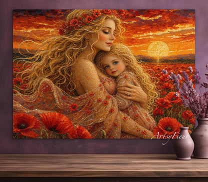 Framed Canvas- Vibrant Poppies Field Mother and Daughter Portrait Whimsical Full Moon Sunset Fantasy Oil Painting Wall Art Print