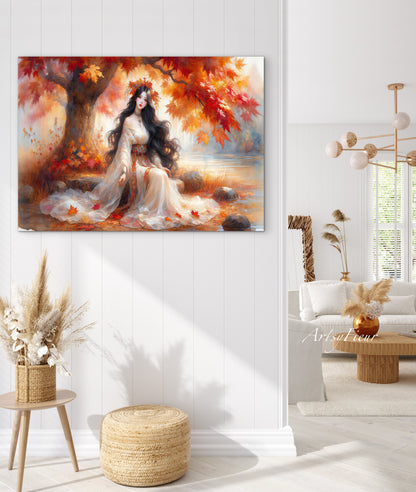 Framed Canvas- Vibrant Colours Beautiful Brunette Asian Woman Under the Maple Tree Abstract Portrait Original Artwork Fantasy Autumn Wall Art Print