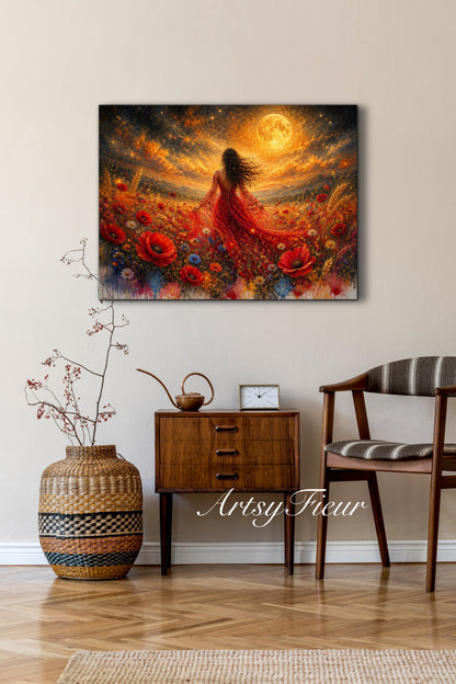 Framed Canvas - Vibrant poppies and wildflowers Whimsical Full Moon starry night sky Bride in Poppy Field, Wall Art Ready to hang original Artwork Print Red Dress