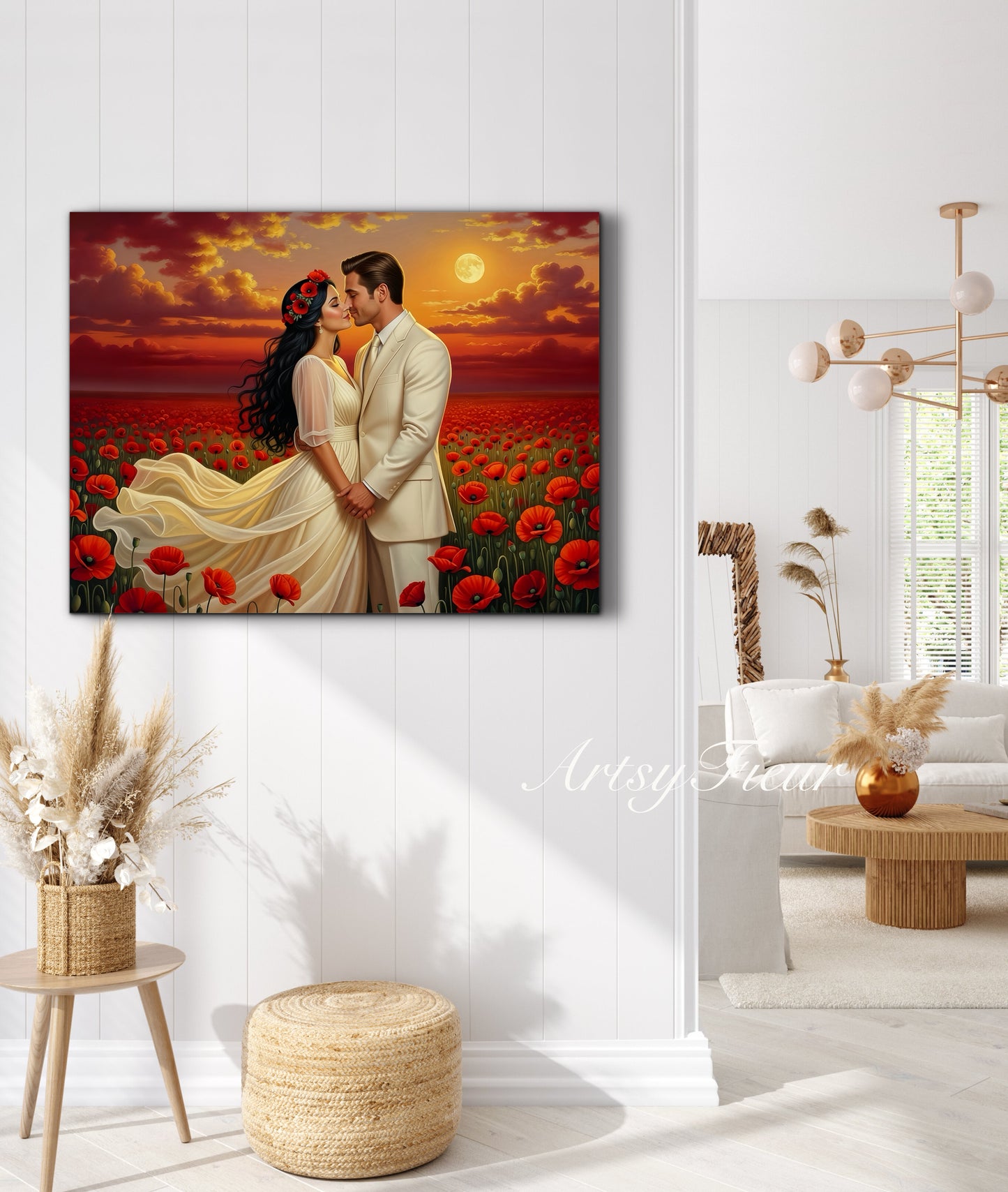 Framed canvas- whimsical full moon sunset bride and groom, wedding, poppy field, vibrant colours living room original artwork, fantasy oil painting wall art print