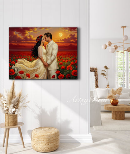 Framed canvas- whimsical full moon sunset bride and groom, wedding, poppy field, vibrant colours living room original artwork, fantasy oil painting wall art print