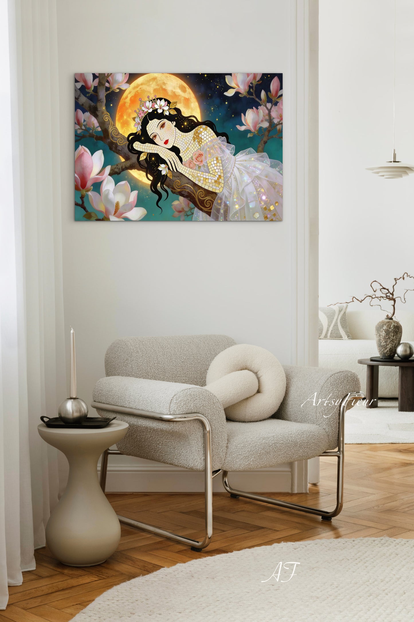 Framed Canvas- Vibrant Magnolia Flowers Beautiful Brunette Woman’s Abstract Portrait Mosaic Original Artwork Fantasy Wall Art Print Mother Nature