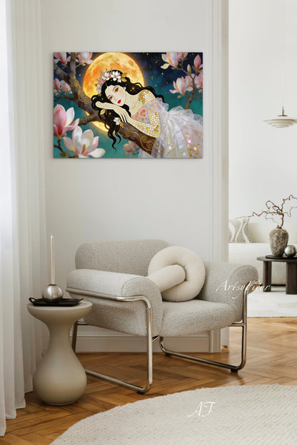Framed Canvas- Vibrant Magnolia Flowers Beautiful Brunette Woman’s Abstract Portrait Mosaic Original Artwork Fantasy Wall Art Print Mother Nature