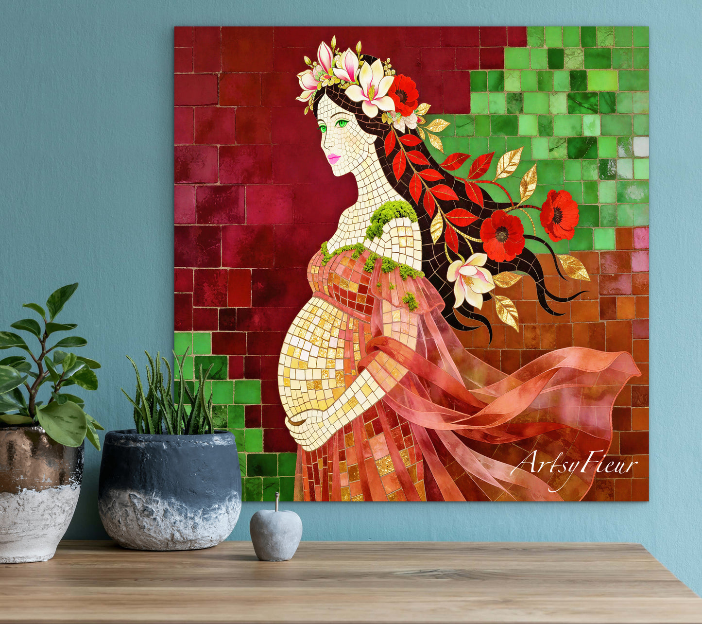 Framed Canvas- Vibrant Magnolia Flowers Beautiful Brunette Pregnant Woman’s Abstract Portrait Mosaic Original Artwork Fantasy Wall Art Print Mother Nature