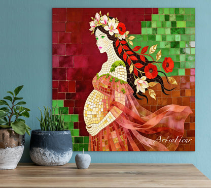 Framed Canvas- Vibrant Magnolia Flowers Beautiful Brunette Pregnant Woman’s Abstract Portrait Mosaic Original Artwork Fantasy Wall Art Print Mother Nature