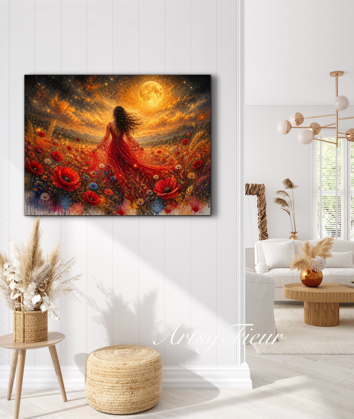 Framed Canvas - Vibrant poppies and wildflowers Whimsical Full Moon starry night sky Bride in Poppy Field, Wall Art Ready to hang original Artwork Print Red Dress