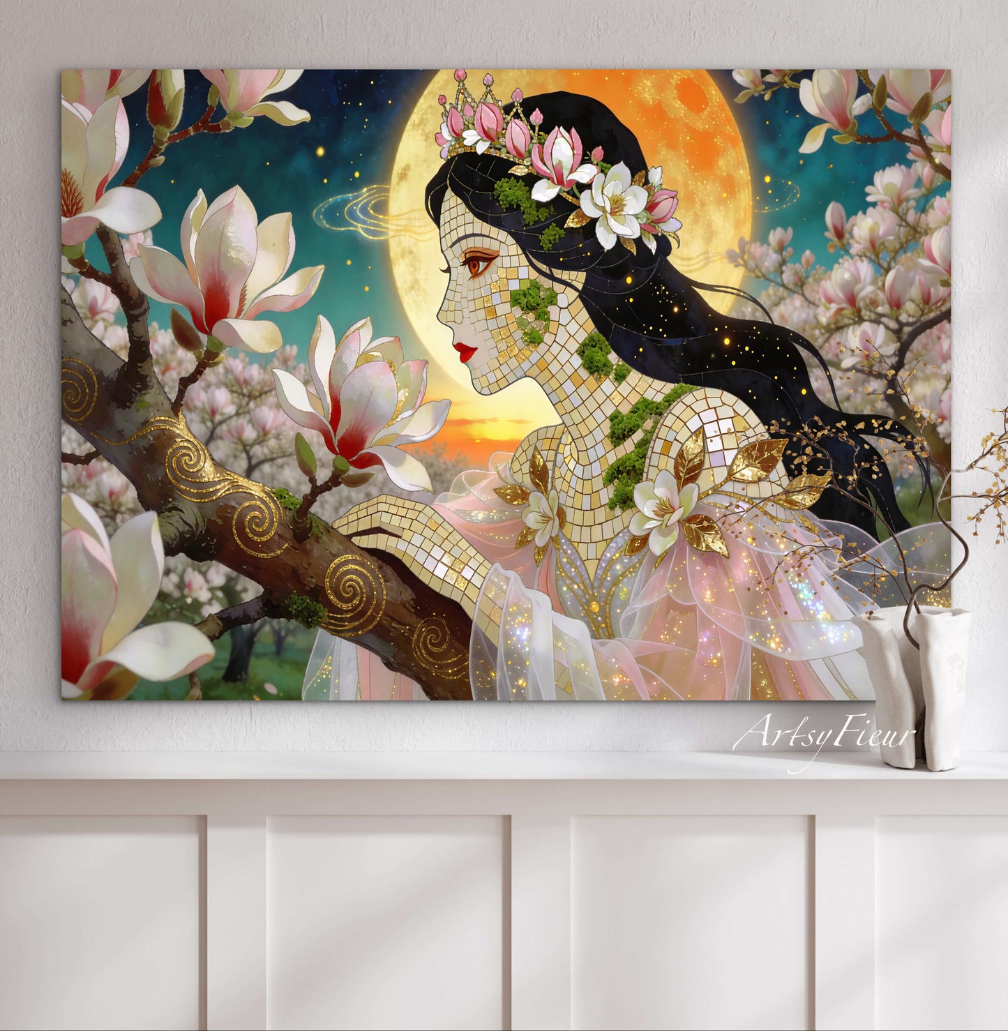 Framed Canvas- Vibrant Magnolia Flowers Beautiful Brunette Woman’s Abstract Portrait Mosaic Original Artwork Fantasy Wall Art Print Mother Nature