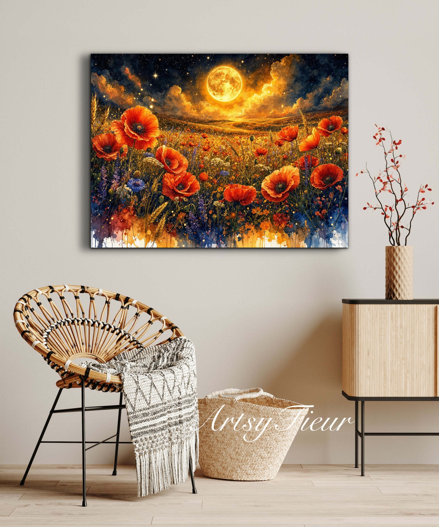 Framed Canvas Print- Vibrant Wildflowers and Poppies Oil Painting Textured Wall Art , Beautiful Original Artwork Ready to Hang Living Room, Floral