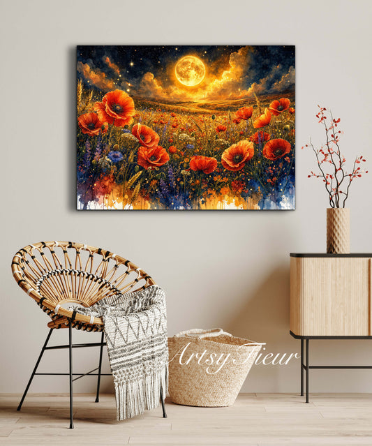 Framed Canvas Print- Vibrant Wildflowers and Poppies Oil Painting Textured Wall Art , Beautiful Original Artwork Ready to Hang Living Room, Floral