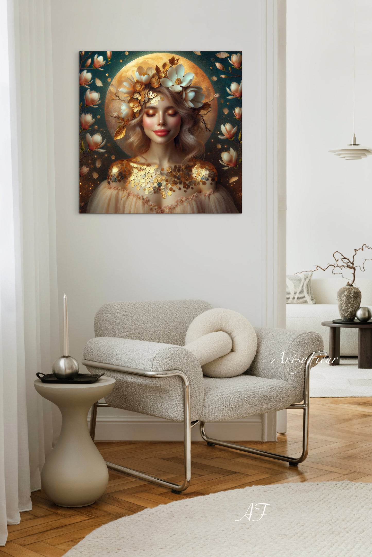 Framed canvas- beautiful blonde woman vibrant magnolia flowers ready to hang wall art print, abstract portrait colourful