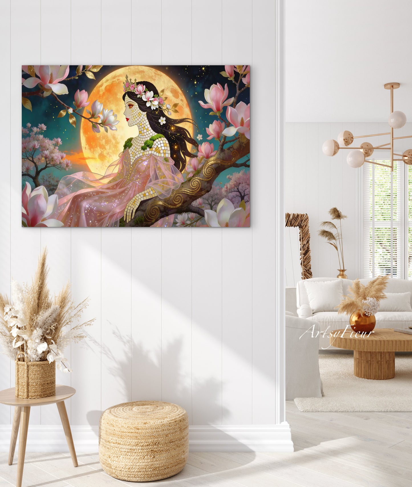Framed Canvas- Vibrant Magnolia Flowers Beautiful Brunette Woman’s Abstract Portrait Mosaic Original Artwork Fantasy Wall Art Print Mother Nature