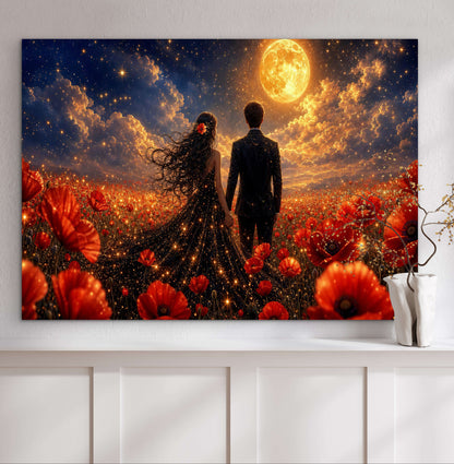 Framed canvas- whimsical full moon sunset bride and groom, black wedding dress poppy field, vibrant colours living room original artwork, fantasy oil painting wall art print