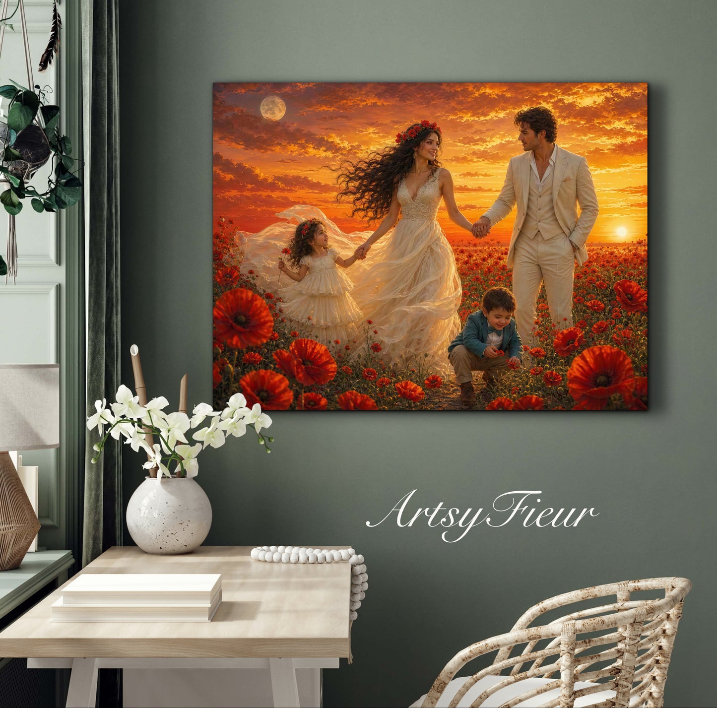 Framed Canvas- Vibrant Poppies Field Bride Groom Mother Daughter and Baby boy Portrait Whimsical Full Moon Sunset Fantasy Oil Painting Wall Art Print