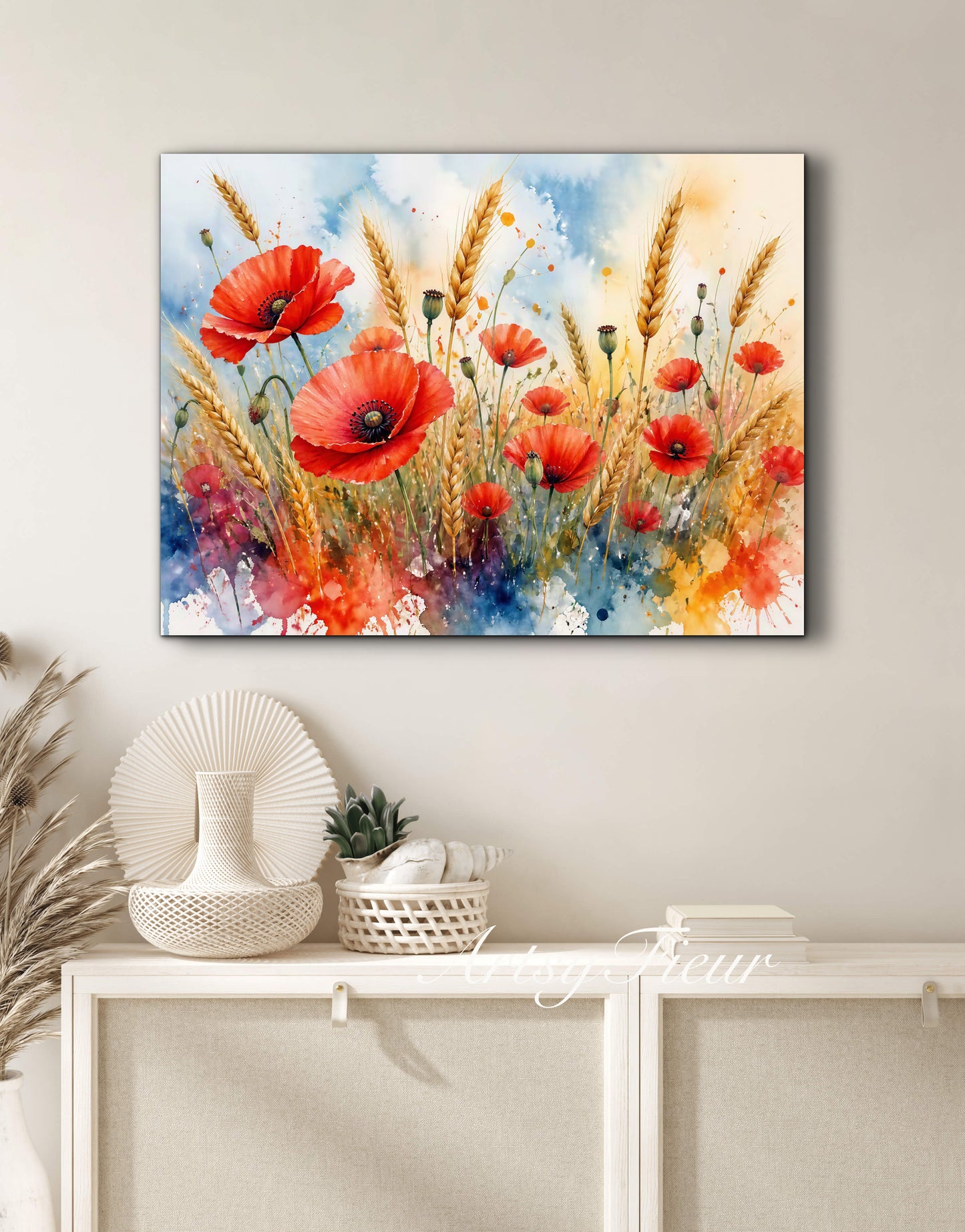 Framed Canvas Print- Vibrant Wildflowers and Poppies Oil Painting Textured Wall Art , Beautiful Original Artwork Ready to Hang Living Room, Floral