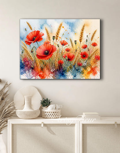 Framed Canvas Print- Vibrant Wildflowers and Poppies Oil Painting Textured Wall Art , Beautiful Original Artwork Ready to Hang Living Room, Floral