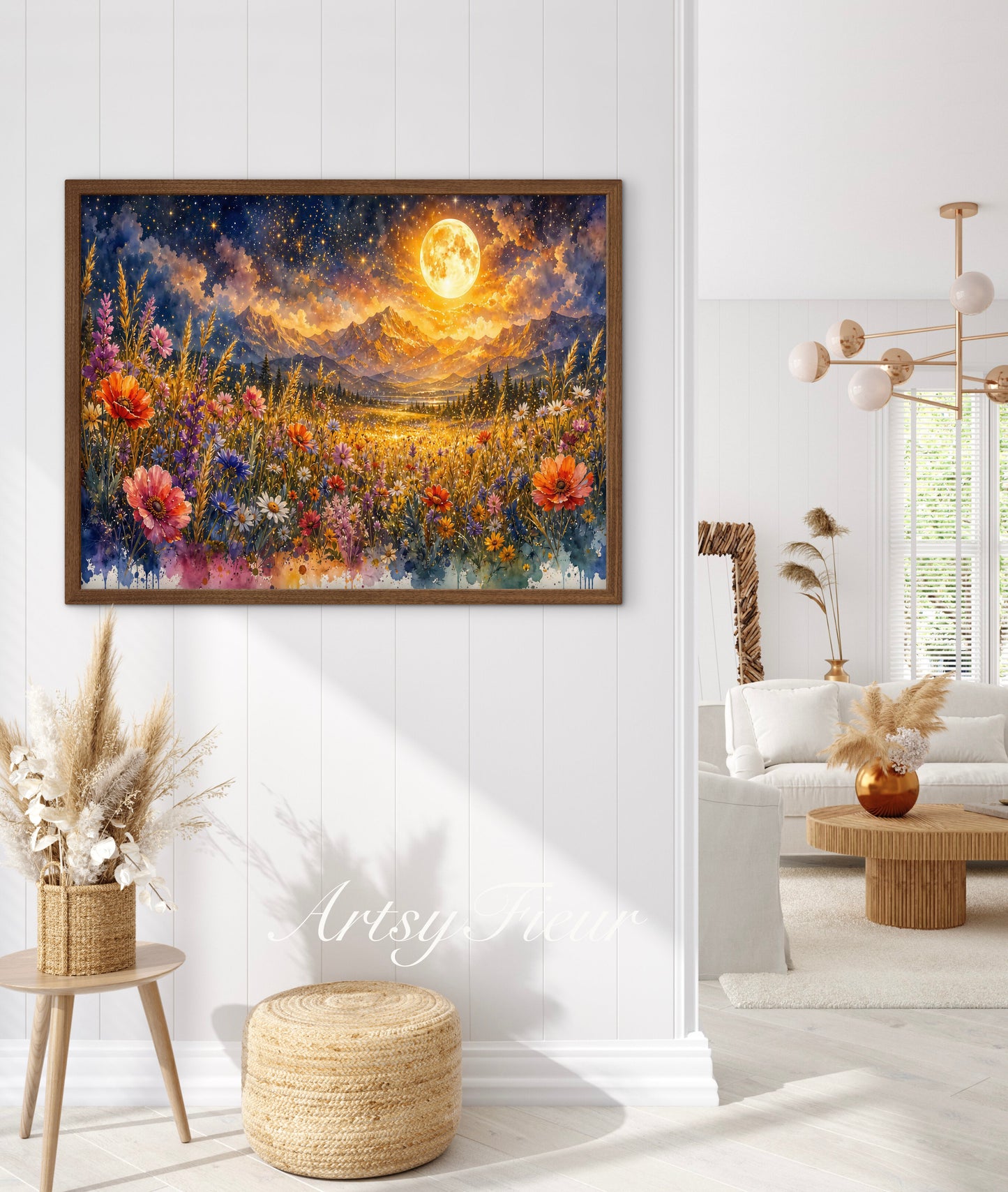 Framed canvas- vibrant full moon starry night sky colourful wildflowers floral wall art living room