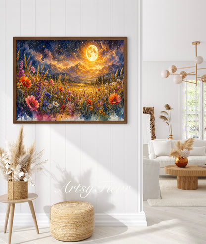 Framed canvas- vibrant full moon starry night sky colourful wildflowers floral wall art living room