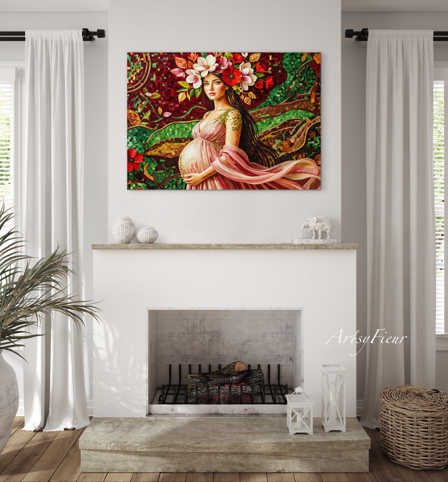 Framed Canvas- Vibrant Magnolia Flowers Beautiful Brunette Pregnant Woman’s Abstract Portrait Mosaic Original Artwork Fantasy Wall Art Print Mother Nature