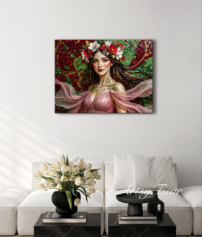 Framed Canvas- Vibrant Magnolia Flowers Beautiful Brunette Woman’s Abstract Portrait Mosaic Original Artwork Fantasy Wall Art Print