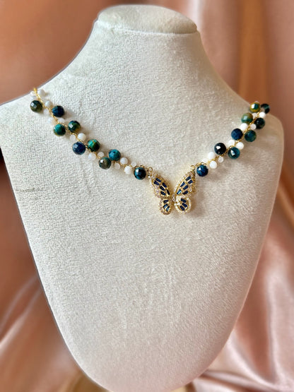Blue Butterfly Necklace Handmade Braided Beaded | Natural Blue Tiger’s Eye Gemstone | Hypoallergenic| 18k Gold Plated
