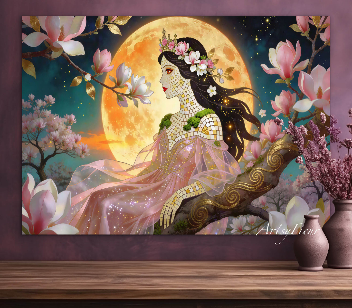 Framed Canvas- Vibrant Magnolia Flowers Beautiful Brunette Woman’s Abstract Portrait Mosaic Original Artwork Fantasy Wall Art Print Mother Nature