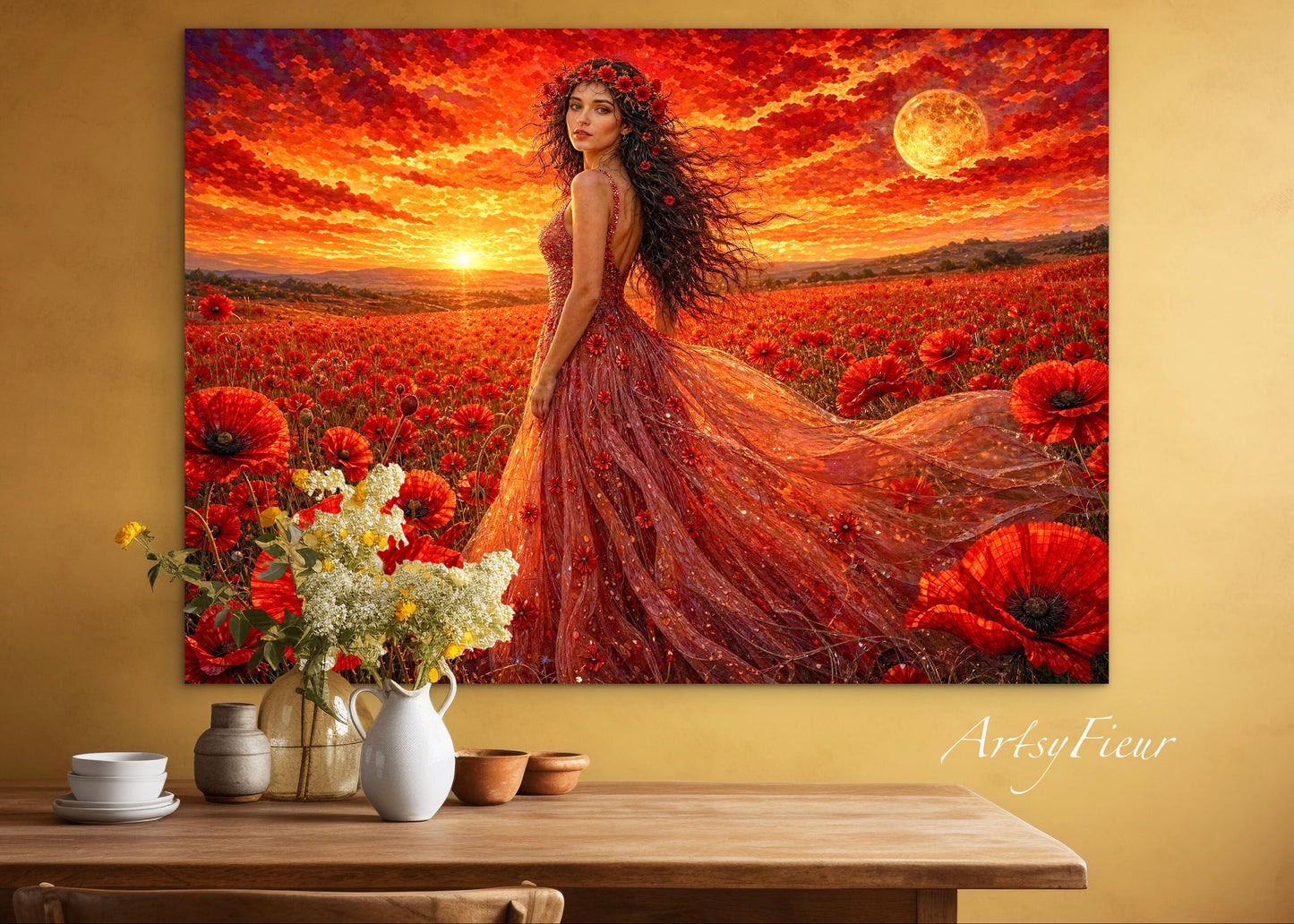 Framed Canvas - Vibrant Poppies Whimsical Full Moon Bride in Poppy Field, Wall Art Ready to hang Oil Painting Original Artwork Print