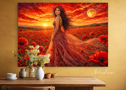 Framed Canvas - Vibrant Poppies Whimsical Full Moon Bride in Poppy Field, Wall Art Ready to hang Oil Painting Original Artwork Print