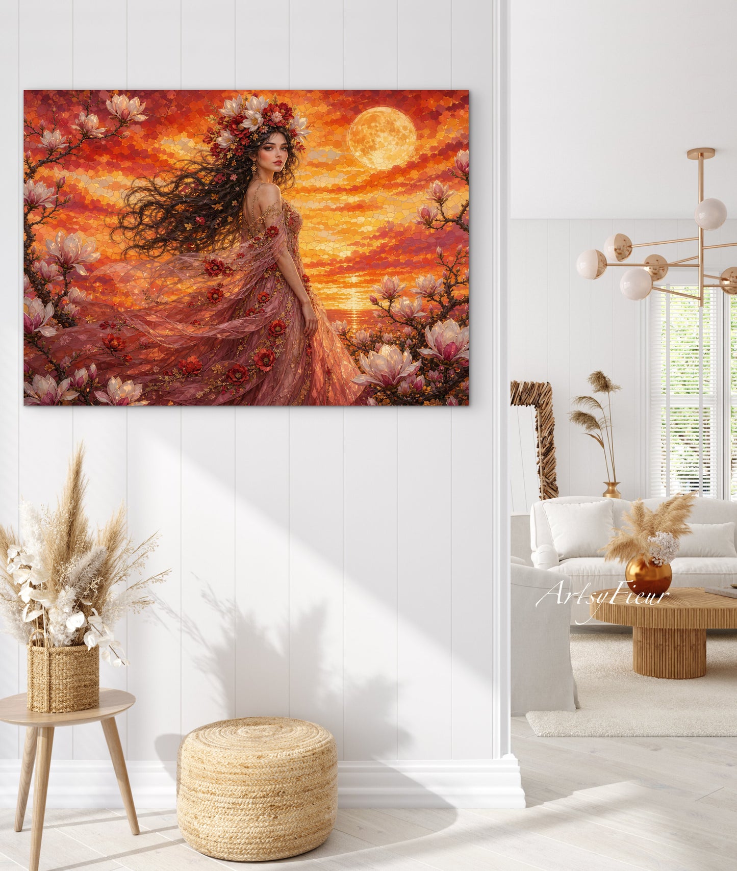 Framed Canvas- Vibrant Magnolia Flowers Beautiful Brunette Woman’s Abstract Portrait Mosaic Original Artwork Fantasy Wall Art Print