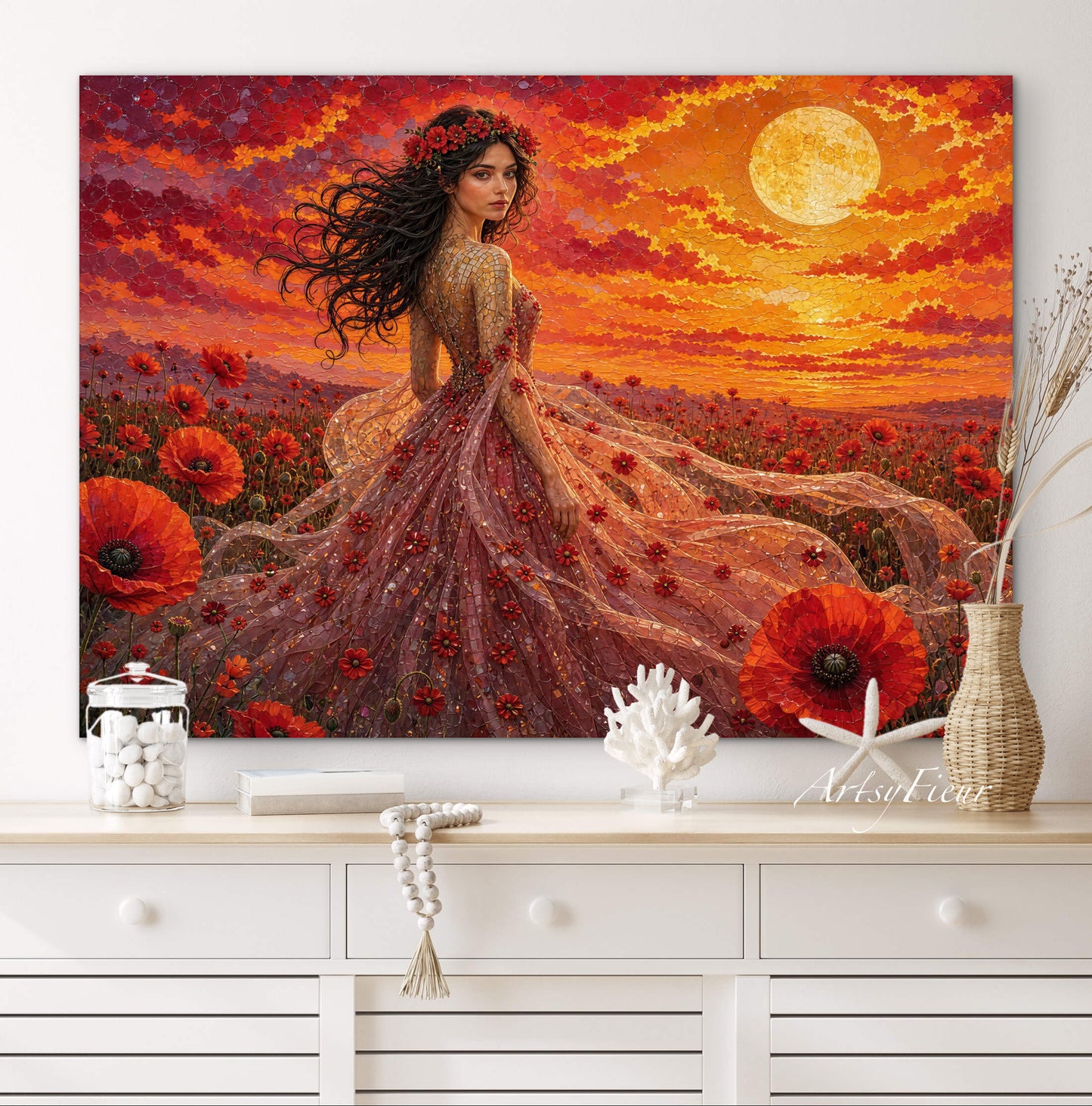 Framed Canvas - Vibrant Poppies Whimsical Full Moon Bride in Poppy Field, Wall Art Ready to hang Oil Painting Original Artwork Print