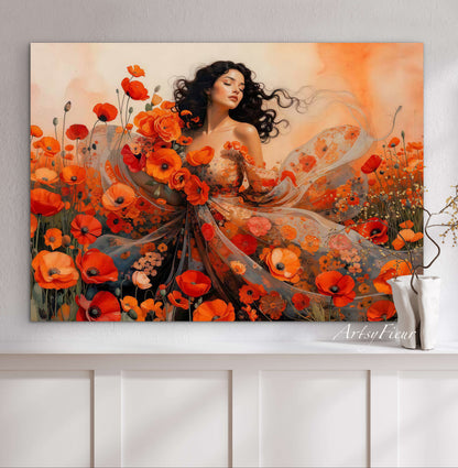 Framed Canvas - Vibrant Poppies Whimsical Full Moon Beautiful Brunette Woman in the Poppy Field, Wall Art Ready to hang Oil Painting Original Artwork Print