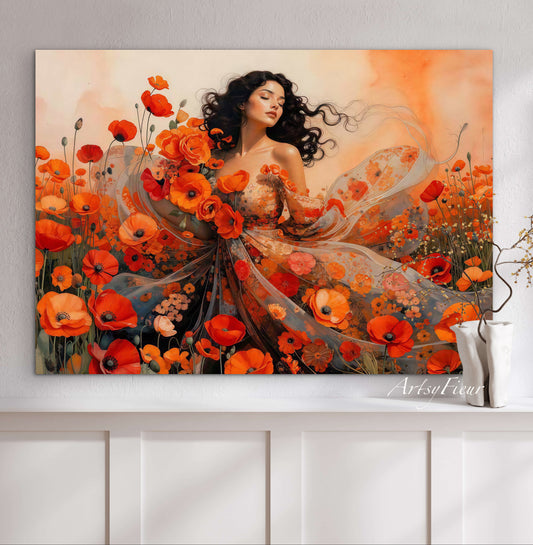 Framed Canvas - Vibrant Poppies Whimsical Full Moon Beautiful Brunette Woman in the Poppy Field, Wall Art Ready to hang Oil Painting Original Artwork Print