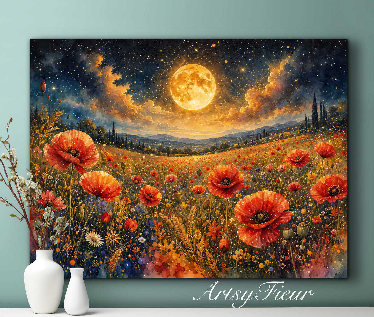 Framed Canvas Print- Vibrant Wildflowers and Poppies Oil Painting Textured Wall Art , Beautiful Original Artwork Ready to Hang Living Room, Floral