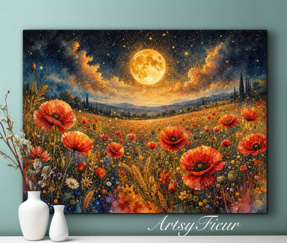 Framed Canvas Print- Vibrant Wildflowers and Poppies Oil Painting Textured Wall Art , Beautiful Original Artwork Ready to Hang Living Room, Floral