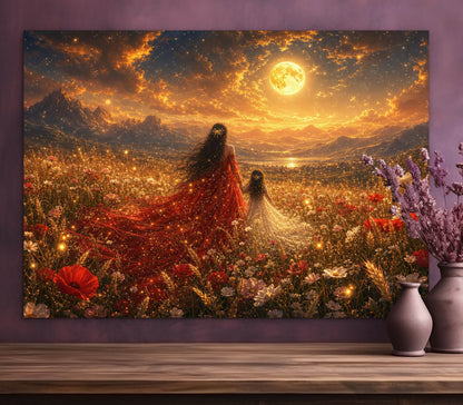 Framed Canvas- Vibrant Mother and Daughter Portrait Wildflowers Field Whimsical Landscape, Beautiful Gold Full Moon, Fantasy Floral Print