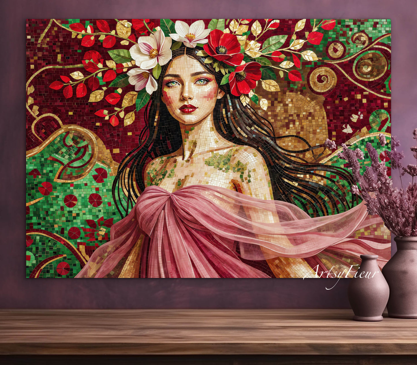 Framed Canvas- Vibrant Magnolia Flowers Beautiful Brunette Woman’s Abstract Portrait Mosaic Original Artwork Fantasy Wall Art Print Mother Nature