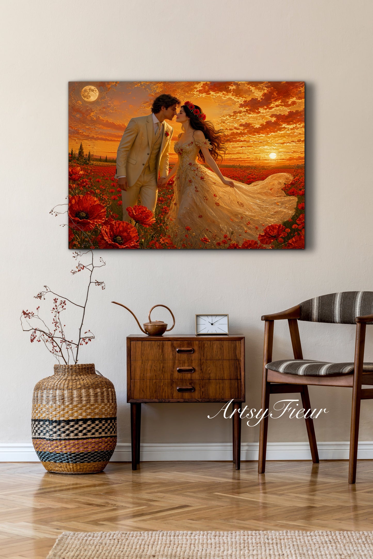 Framed canvas- whimsical full moon sunset bride and groom, wedding, poppy field, vibrant colours living room original artwork, fantasy oil painting wall art print