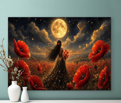 Framed Canvas - Vibrant Poppies Whimsical Full Moon Bride in Poppy Field, Wall Art Ready to hang Oil Painting Original Artwork Print Black Wedding Dress
