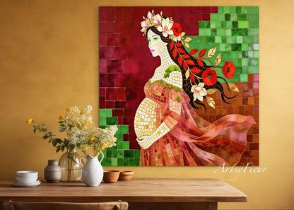 Framed Canvas- Vibrant Magnolia Flowers Beautiful Brunette Pregnant Woman’s Abstract Portrait Mosaic Original Artwork Fantasy Wall Art Print Mother Nature