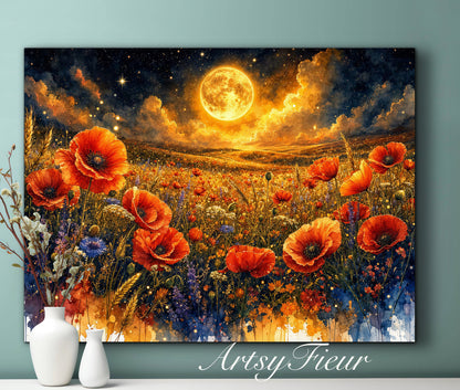 Framed Canvas Print- Vibrant Wildflowers and Poppies Oil Painting Textured Wall Art , Beautiful Original Artwork Ready to Hang Living Room, Floral
