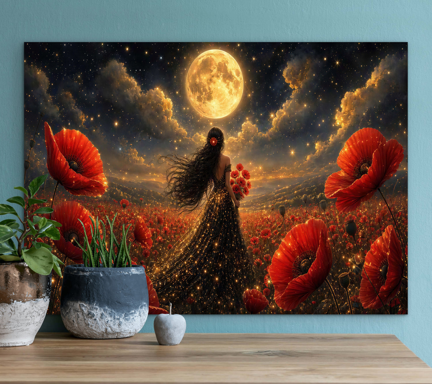 Framed Canvas - Vibrant Poppies Whimsical Full Moon Bride in Poppy Field, Wall Art Ready to hang Oil Painting Original Artwork Print Black Wedding Dress