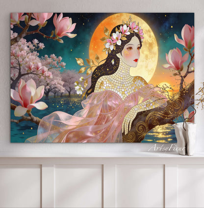 Framed Canvas- Vibrant Magnolia Flowers Beautiful Brunette Woman’s Abstract Portrait Mosaic Original Artwork Fantasy Wall Art Print